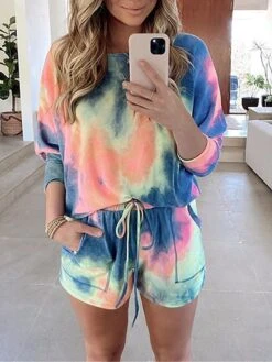 Women's Pajama Top And Pant Tie Dye Fashion Casual Soft Home Daily Bed Polyester Breathable One Shoulder Long Pant T Shirt Tee Shorts Summer Fall Light Green Blue
