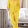 Women's Plus Size Loungewear Sets Pure Color Basic Simple Casual Home Street Daily Polyester Breathable Lapel Long Sleeve Shirt Pant Pocket Spring Summer Yellow Blue -Ladies Pajamas Store snahds1676527816098
