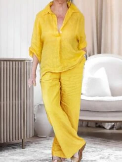 Women's Plus Size Loungewear Sets Pure Color Basic Simple Casual Home Street Daily Polyester Breathable Lapel Long Sleeve Shirt Pant Pocket Spring Summer Yellow Blue