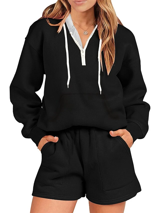 Women's Loungewear Sets Pure Color Sport Casual Comfort Home Street Daily Cotton Blend Breathable Hoodie Long Sleeve Hoodie Shorts Pocket Fall Winter Black Pink 5 Women's Loungewear Sets Pure Color Sport Casual Comfort Home Street Daily Cotton Blend Breathable Hoodie Long Sleeve Hoodie Shorts Pocket Fall Winter Black Pink - Image 3