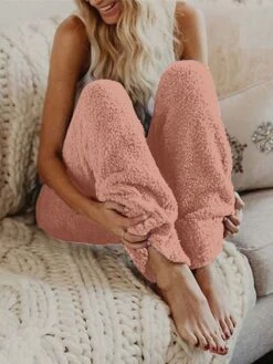 Women's Fleece Pajamas Pants Pure Color Fashion Simple Casual Street Date Airport Flannel Breathable Long Pant Elastic Waist Fall Winter Black Pink