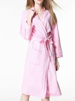 Women's Cotton Robe Pure Color Simple Casual Comfort Home Bed Wedding Party Breathable V Wire Long Sleeve Pocket Fall Winter White Pink -Ladies Pajamas Store soucep1694072380576