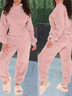 Women's Loungewear Sets Pure Color Warm Fashion Comfort Daily Bed Coral Fleece Coral Velvet Warm Breathable Stand Collar Long Sleeve Pant Fall Winter Pink -Ladies Pajamas Store spimlu1693379814965