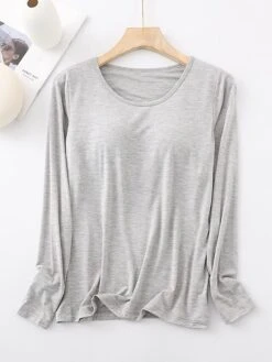 Women's Pajamas Top Pure Color Simple Casual Soft Home Daily Bed Cotton Breathable Crew Neck Long Sleeve Chest Pads Fall Winter Sauce Purple Champagne Powder -Ladies Pajamas Store sprgyp1693467406707