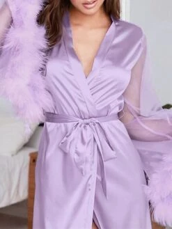 Women's Pajamas Robes Gown Bathrobes Nighty 1 PCS Pure Color Fashion Comfort Satin Home Daily Bed Satin Breathable Gift V Wire Long Sleeve Feather Spring Summer Black Purple -Ladies Pajamas Store sptevq1646302410235