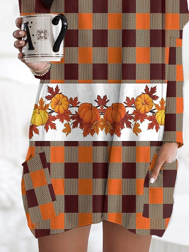 Women's Nightgown Grid / Plaid Fashion Comfort Home Daily Polyester Crew Neck Long Sleeve Pocket Fall Winter Orange 5 Women's Nightgown Grid / Plaid Fashion Comfort Home Daily Polyester Crew Neck Long Sleeve Pocket Fall Winter Orange - Image 3