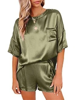 Women's Pajamas Pajama Top And Pant Sets Pure Color Simple Casual Soft Home Daily Bed Satin Breathable Crew Neck Short Sleeve T Shirt Tee Shorts Summer Spring Lake Blue Black -Ladies Pajamas Store sqxikp1677650317444