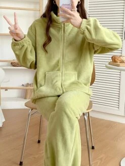 Women's Pajamas Sets Pure Color Warm Fashion Casual Home Daily Bed Flannel Warm Breathable Stand Collar Long Sleeve Cardigan Pant Pocket Fall Winter Purple Green -Ladies Pajamas Store sspyml1693206697349