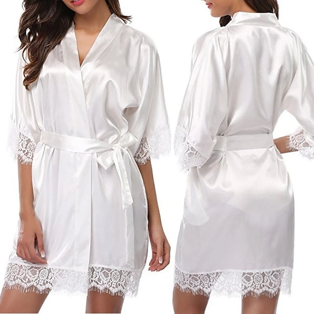 Women's Robes Gown Sets Bathrobes Nighty 1 PCS Pure Color Satin Simple Casual Home Party Wedding Party Spandex Gift Half Sleeve Lace Belt Included Spring Summer White Black 6 Women's Robes Gown Sets Bathrobes Nighty 1 PCS Pure Color Satin Simple Casual Home Party Wedding Party Spandex Gift Half Sleeve Lace Belt Included Spring Summer White Black - Image 4