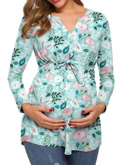 Women's Maternity Tops Pregnancy Shirts Floral Pattern Casual Comfort Pastoral Home Daily Vacation Cotton Breathable V Wire Long Sleeve Fall Winter White Light Green -Ladies Pajamas Store ssyzmy1695281860602
