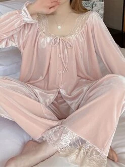 Women's Pajamas Sets Pure Color Casual Comfort Soft Home Bed Velvet Breathable Long Sleeve Shirt Pant Button Fall Winter Pink