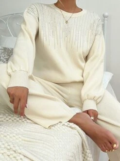 Women's Lounge Sets Pure Color Fashion Comfort Soft Home Daily Going Out Rayon Breathable Crew Neck Long Sleeve Sweater Pant Fall Winter Beige -Ladies Pajamas Store sutlkv1691566027830