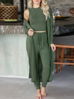 Women's 3 Pcs Lounge Sets Cardigan Tank Top Sweatpants Pure Color Fashion Comfort Soft Street Daily Polyester Breathable Elastic Waist With Pockets Summer Fall Black Green 32 Women's 3 Pcs Lounge Sets Cardigan Tank Top Sweatpants Pure Color Fashion Comfort Soft Street Daily Polyester Breathable Elastic Waist With Pockets Summer Fall Black Green -Ladies Pajamas Store suxmvu1689059951015
