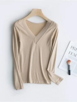 Women's Delong Thermal Shirt Top Pure Color Warm Simple Casual Home Daily Going Out Nylon Warm V Wire Long Sleeve Fall Winter Black Camel -Ladies Pajamas Store svrkgw1697161962259