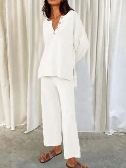 Women's Loungewear Sets Pure Color Casual Comfort Soft Home Street Daily Polyester Breathable V Wire Long Sleeve Pullover Pant Button Fall Winter Claret ArmyGreen