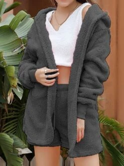 Women's Pajamas Sets Pure Color Warm Fashion Soft Home Daily Bed Polyester Warm Hoodie Long Sleeve Tank Top Shorts Hoodie Fall Winter Deep Purple Off White -Ladies Pajamas Store syfvad1692689283657