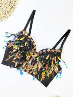 Women's Rhinestone Corset Bustier Feather Undergarments Home Daily Bed Polyester Breathable Straps Sleeveless Backless Summer Spring Black White -Ladies Pajamas Store syjqvy1696315687756