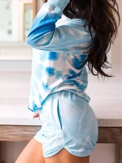 Women's Loungewear Sets Tie Dye Sport Casual Comfort Home Daily Gyms Polyester Breathable Crew Neck Long Sleeve Hoodie Shorts Pocket Fall Blue -Ladies Pajamas Store szesjc1693467398940