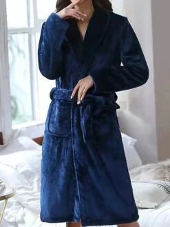 Women's Warm Robe Bathrobe Robes Gown Pure Color Fashion Casual Comfort Home Daily Bed Polyester Lapel Long Sleeve Fall Winter Light Grey Dark Blue -Ladies Pajamas Store szesmd1689660322708