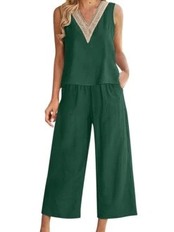 Women's Plus Size Loungewear Sets Pure Color Basic Casual Comfort Home Daily Vacation Linen Breathable V Wire Sleeveless Tank Top Pant Pocket Summer Spring Black White -Ladies Pajamas Store szhckj1685344292245