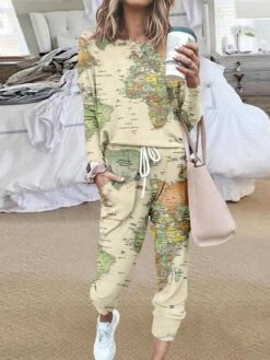 Women's Loungewear Sets Nighty 2 Pieces Letter Graphic Prints Fashion Comfort Home Street Polyester Crew Neck Long Sleeve Pant Winter Fall Blue Rainbow -Ladies Pajamas Store szmkgm1658496014707