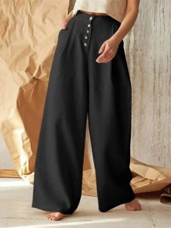 Women's Loungewear Pants Lounge Pants Pure Color Fashion Simple Casual Street Date Airport Cotton And Linen Breathable Long Pant Button Summer Spring Black Green -Ladies Pajamas Store szscam1685617397776