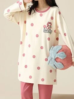 Women's Cotton Pajamas Sets Letter Panda Casual Comfort Home Bed Breathable Crew Neck Long Sleeve Pullover Pant Pocket Fall Winter White Yellow -Ladies Pajamas Store szxfjh1696923345737