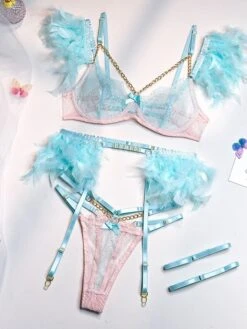 Women's Feather Sexy Lingerie Sets 4 Pieces Pure Color Lovers Hot Home Bed Date Lace Breathable Straps Sleeveless Backless Feather Summer Spring Light Pink White Powder -Ladies Pajamas Store taqszy1695712973304