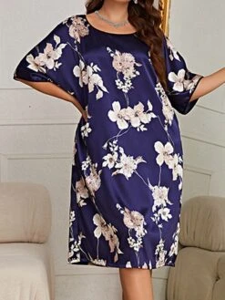 Women's Plus Size Nightgown Dress Flower Casual Comfort Soft Home Daily Bed Polyester Breathable Crew Neck Half Sleeve Dress Summer Spring Black Red -Ladies Pajamas Store tbgjev1682485948644