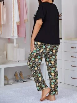 Women's Plus Size Loungewear Sets Flower Fashion Comfort Soft Home Daily Bed Polyester Breathable V Wire Short Sleeve T Shirt Tee Pant Pocket Fall Winter NNS52M-Black -Ladies Pajamas Store tbhwft1693986213470