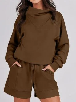 Women's Loungewear Sets Pure Color Sport Casual Comfort Street Daily Going Out Polyester Breathable Stand Collar Long Sleeve Hoodie Shorts Pocket Fall Winter Black Blue