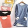 Women's Fleece Lounge Top Pure Color Warm Fashion Casual Home Street Daily Cotton Warm Crew Neck Long Sleeve Pullover Winter Denim Blue Melon Red