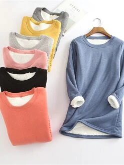 Women's Fleece Lounge Top Pure Color Warm Fashion Casual Home Street Daily Cotton Warm Crew Neck Long Sleeve Pullover Winter Denim Blue Melon Red