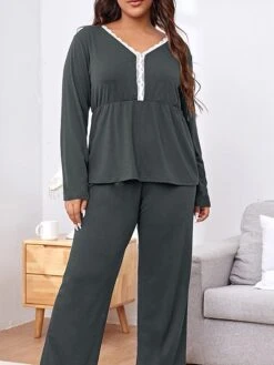 Women's Plus Size Loungewear Sets Patchwork Fashion Comfort Soft Home Daily Bed Polyester Warm Breathable V Wire Long Sleeve Pullover Pant Fall Winter Black Gray -Ladies Pajamas Store tecdsa1693986238305