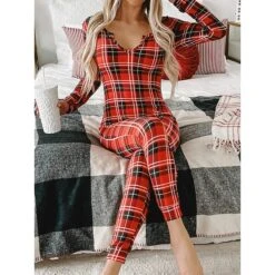 Women's Xmas Onesie Pajama Letter Elk Casual Comfort Soft ChristmasBreathable V Wire Long Sleeve Fall Winter -Ladies Pajamas Store tesehc1695281835179