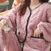 Women's Pajamas Sets Pure Color Warm Comfort Soft Home Daily Bed Flannel Warm Breathable Crew Neck Long Sleeve Cardigan Pant Button Pocket Fall Winter JY5128 JY5136