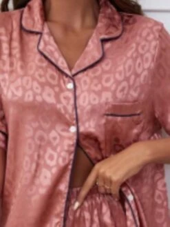 Women's Loungewear Sets Leopard Stripe Casual Comfort Soft Home Daily Bed Polyester Breathable Lapel Short Sleeve Shirt Shorts Pocket Elastic Waist Summer Spring Light Pink Lotus Pink -Ladies Pajamas Store tfgvvm1680594371611