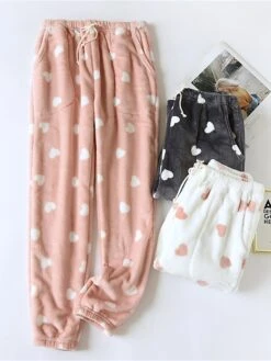 Women's Fleece Pajama Pants Loungewear Pants Heart Warm Simple Plush Home Street Daily Flannel Warm Breathable Pant Pocket Elastic Waist Fall Winter White Pink