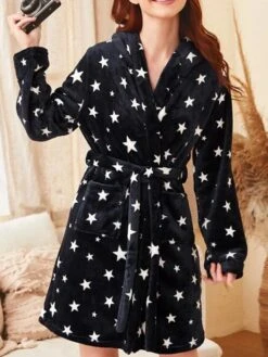 Women's Pajamas Bathrobe Star Warm Plush Casual Home Daily Bed Flannel Warm Breathable Hoodie Long Sleeve Pocket Belt Included Fall Winter Black -Ladies Pajamas Store thkarh1695023691204