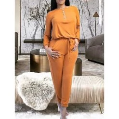 Women's Loungewear Onesie Jumpsuit Pure Color Simple Casual Comfort Home Daily Vacation Cotton Blend Breathable Crew Neck Long Sleeve Button Pocket Summer Fall Black White -Ladies Pajamas Store thmllz1689581318726