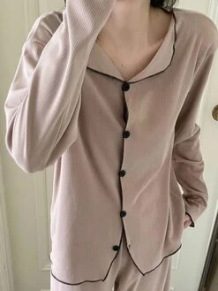 Women's Loungewear Sets Pure Color Fashion Comfort Soft Home Daily Bed Polyester Breathable Lapel Long Sleeve Pant Button Elastic Waist Fall Winter White Brown -Ladies Pajamas Store thodge1692348335853