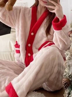 Women's Pajamas Sets Fruit Fashion Casual Comfort Home Daily Bed Flannel Warm V Wire Long Sleeve Cardigan Pant Button Pocket Fall Winter Pink Red -Ladies Pajamas Store thywsr1693295693851
