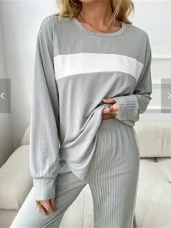 Women's Pajamas Sets Patchwork Fashion Casual Comfort Home Bed Polyester Warm Breathable Crew Neck Long Sleeve Pullover Pant Fall Winter Gray -Ladies Pajamas Store tijran1696837248842