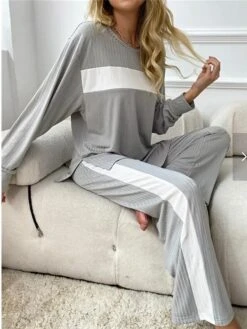Women's Pajamas Sets Patchwork Fashion Casual Comfort Home Bed Polyester Warm Breathable Crew Neck Long Sleeve Pullover Pant Fall Winter Gray -Ladies Pajamas Store titjbk1696837249743
