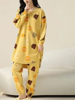 Women's Cotton Pajamas Sets Letter Panda Casual Comfort Home Bed Breathable Crew Neck Long Sleeve Pullover Pant Pocket Fall Winter White Yellow -Ladies Pajamas Store tjczeq1696923342556