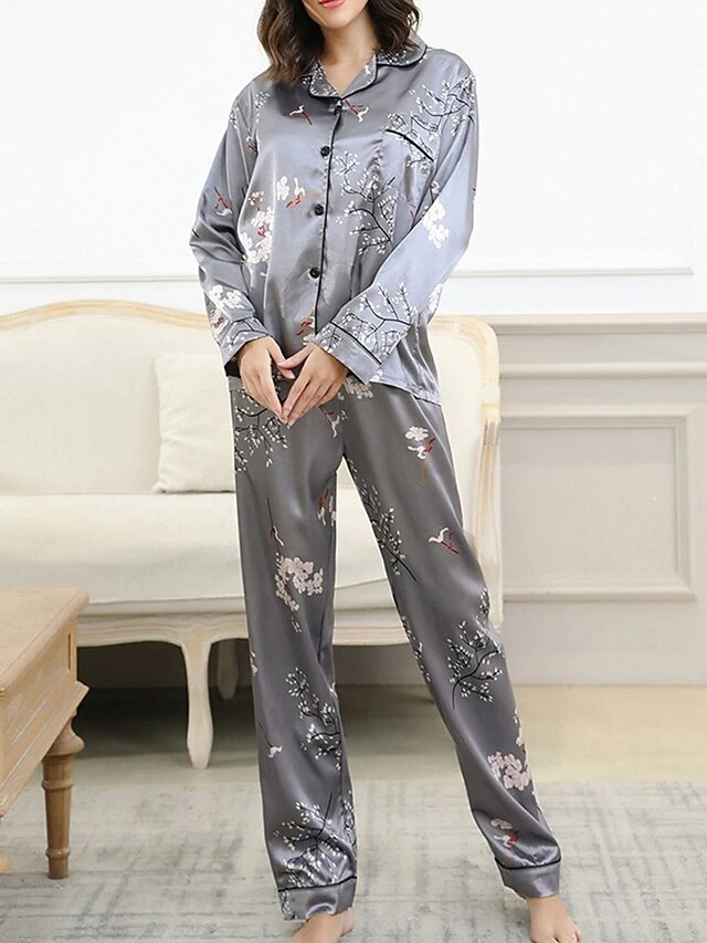 Women's Pajamas Sets Flower Fashion Comfort Soft Home Daily Bed Satin Breathable Lapel Long Sleeve Shirt Pant Button Pocket Fall Winter Black Gray 3 Women's Pajamas Sets Flower Fashion Comfort Soft Home Daily Bed Satin Breathable Lapel Long Sleeve Shirt Pant Button Pocket Fall Winter Black Gray