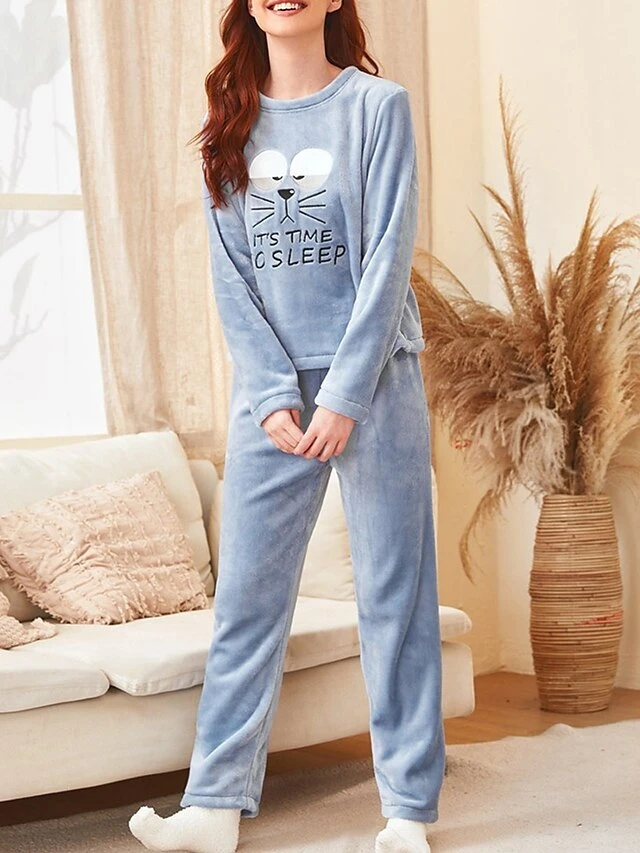 Women's Fuzzy Pajamas Sets Cartoon Cat Fashion Casual Soft Home Daily Bed Flannel Breathable Crew Neck Long Sleeve Pant Fall Winter Blue 8 Women's Fuzzy Pajamas Sets Cartoon Cat Fashion Casual Soft Home Daily Bed Flannel Breathable Crew Neck Long Sleeve Pant Fall Winter Blue - Image 6