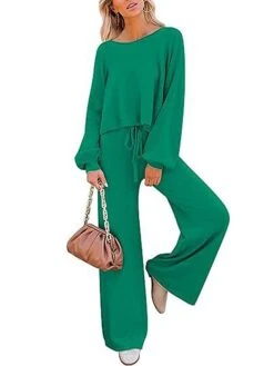 Women's Loungewear Sets Pure Color Fashion Comfort Soft Home Daily Bed Polyester Breathable Crew Neck Long Sleeve Pullover Pant Fall Winter Black Light Green -Ladies Pajamas Store tmkmbv1694072406831