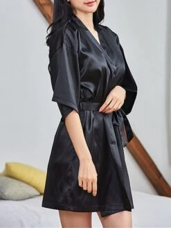 Women's Pajamas Robe Bathrobe Robes Gown Pure Color Casual Comfort Soft Home Daily Bed Satin Breathable V Wire Half Sleeve Summer Fall Black White -Ladies Pajamas Store tnrvgu1689581314072