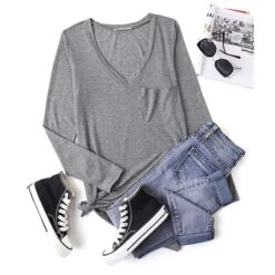 Women's Plus Size Loungewear Top Nighty Pure Color Basic Simple Comfort Home Daily Cotton V Wire Long Sleeve Pocket Spring Fall White Black -Ladies Pajamas Store togdmn1663062485213